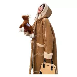 여성 후드 두꺼운 무스탕 롱코트 겨울 오버핏 스웨이드 아우터 페이크 카키컬러