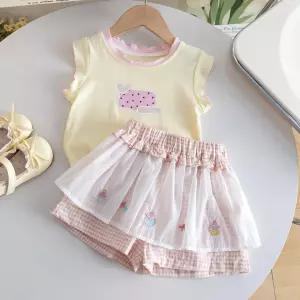 여아 여름 순면 베이지 베스트 핑크 체크 레이스 바지 세트