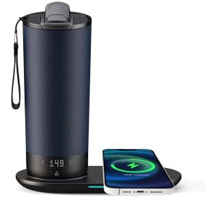 VFZO 온도조절 열선 여행용 머그 스마트 셀프 히팅 커피 20온스 앱 제어 LED 디스플레이 서빙 세트 머그잔을 4-10시간 동안 일정한 온도로 유지합니다(네이비 블루, 20온스)