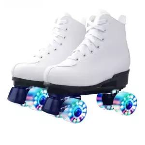 프리미엄 바퀴 섬광 롤러스케이트 4륜 슈즈 롤러장 성인 화이트 가죽+글리터 휠 34