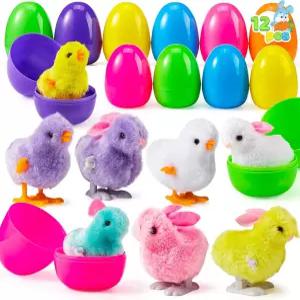 부활절 바구니 스터퍼를 위한 와인드업 장난감으로 채워진 12개의 달걀 점프 병아리와 토끼로 다채로운