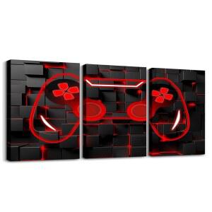 소년용 Erosebridal 3 패널 게임 월아트, 게임 그림 월 장식 12인치 x 16인치, 청소년 남성 침실용 Kids Gamer Neon Lights 게임패드 포스터 프린트, 그리드 격자무늬 액자 캔버스 프린트, 레드 블랙