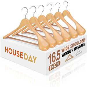 하우스 데이 나무 수트 걸이 6팩 헤비 듀티 와이드 어깨 걸이 쁘띠 성인 청소년 소규모 수트 코트 자켓(내추럴 16.5피트) 미끄럼방지 팬트 바가 있는 솔리드 우드 코트