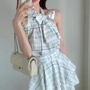 여성 체크 홀터넥 나시 블라우스 리본타이 여름 하객룩