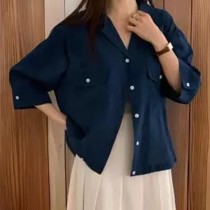 여성용 루즈핏 언발란스 7부 소매 레이온 셔츠 사이드 포켓