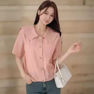 여성 빅카라 반팔 잔주름 스트링 블라우스