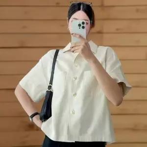 여성 퍼프소매 반팔 린넨 뒷트임 셔츠