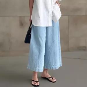 여성 여름 연청 와이드핏 9부 뒷밴딩 통청바지