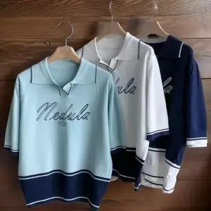 여성용 컬러 블록 레터링 카라 반팔 루즈 니트