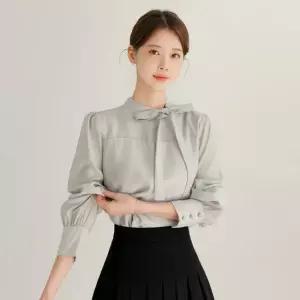 [시크라인] 베이제 타이넥 퍼프소매 블라우스