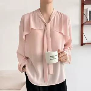 넥타이 이중 플레어 여성 긴팔 쉬폰블라우스 흰셔츠