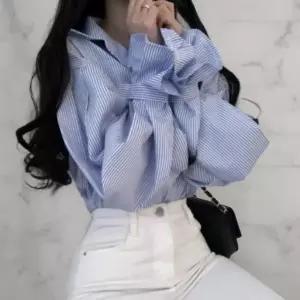 [옷자락] 여성용 봄 여름 루즈핏 스트라이프 벌룬 셔츠