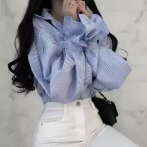 여성용 봄 여름 루즈핏 스트라이프 벌룬 셔츠