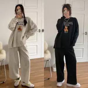 여성 봄 가을 면 곰돌이 긴팔 롱 티셔츠 와이드팬츠 트레이닝 세트 PST0158S 빅사이즈 루즈핏