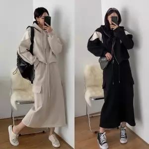 여성 봄 가을 면 세미 크롭 배색 후드집업 자켓 카고 맥시 롱스커트 세트 SST0071S 빅사이즈 루즈핏