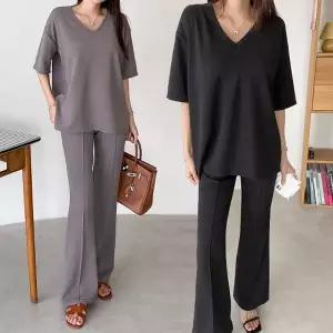 여성 링클프리 브이넥 반팔 롱티셔츠 스판 부츠컷 밴딩 바지 세트 투피스 셋업 -WPST0062- 봄 여름