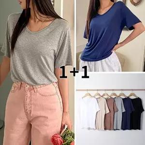 [유야]여성 1+1 레이온 스판 무지 브이넥 반팔 티셔츠 STS00540 여름
