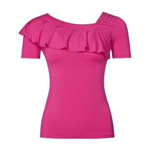 단색 여성 라틴 댄스 의상 이브닝 탑 탱고 재즈 라인스톤 웨어 왈츠 벨리 반팔 러플 티셔츠