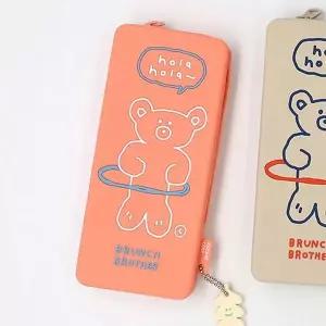 펜케이스 다용도 사각 실리콘 파우치 곰돌이 디자인 피치색