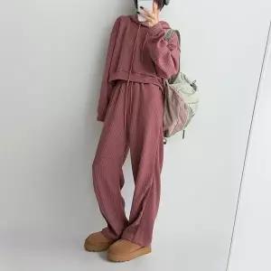 [신세계라이브쇼핑][옷자락] 여자 크롭 박스 골지 후드티 밴딩 일자핏 바지 세트