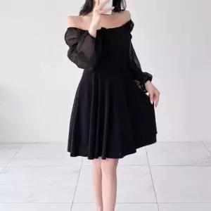 여성 오프숄더 쉬폰 소매 프레어 긴팔 미디 원피스