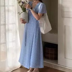 꾸안꾸룩 데일리원피스 바캉스룩 반팔 브이넥원피스 플라워 쉬폰원피스