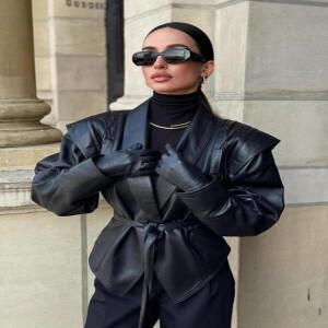 Suninherat 가을 가짜 가죽 자켓 2025 패션 블랙 PU 코트 벨트 옷깃 여성용 아웃웨어