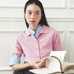 [백화점 정품] 빈폴 레이디스 [B. my] 코튼 울 T칼라 반소매 가디건 카디건 핑크 BF485AN01X