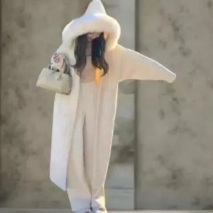 여성 따뜻한 루즈핏 후드 니트 롱 가디건 코트