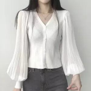 브이넥 DK-0175 플리츠 가을퍼프블라우스 (WFKLWE8)