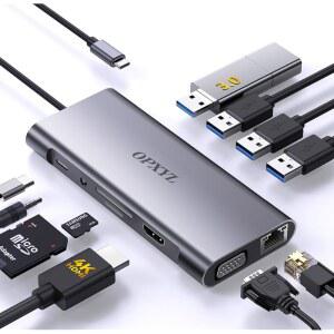 OPXYL 11-in-1 USB C 허브 멀티포트 어댑터, 4K HDMI, VGA 1080P, 100W PD, 이더넷, SD /TF, 오디오, 3.0 포트, Pro /Air, , Windows용 노트북