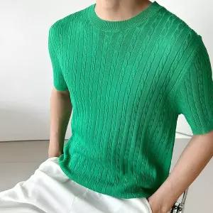 [하프클럽/코디제이]M에어 쿨스킨 꽈배기 라운드 팔니트 꽈배기니트 통기성좋은 여름니트 댄디 남친룩 캐주