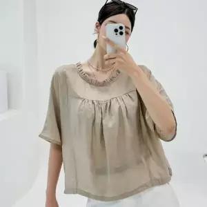 여성 프릴 라운드넥 셔링 시스루 여름 블라우스