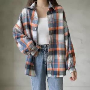 [옷자락] 여성 레트로 오버사이즈 체크 캐주얼 긴팔 셔츠