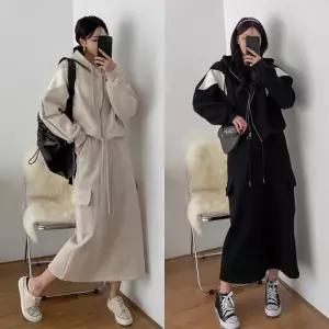 여성 면 세미 크롭 배색 후드집업 카고 맥시 롱스커트 세트 -WSST0071- 봄 가을