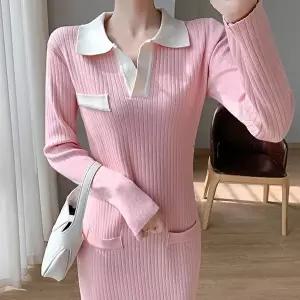 핑크 니트원피스 배색 카라넥 간절기 원피스 봄하객룩 (KYR-WBB36A6)