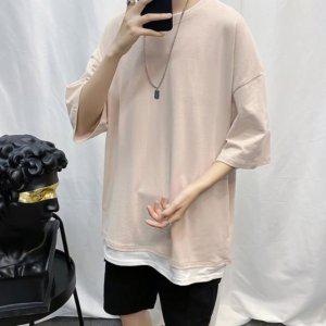 남자 5부 오버핏 박스티 반팔티 레이어드 무지