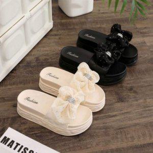 데일리룩 미적요소 큐빅 리본디자인 쉬폰여름용 가벼운외출 우먼 플랫폼 홈슬리퍼