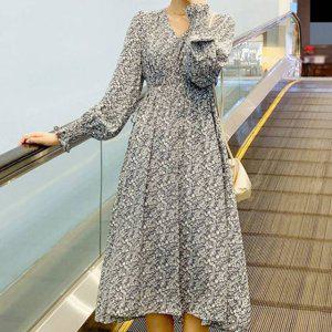 패턴 플라워 하객원피스 셔츠원피스 긴팔 화이트