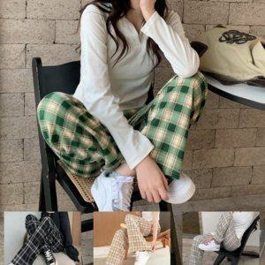 냉장고바지 타탄체크 여름바지 밴딩 여자 와이드