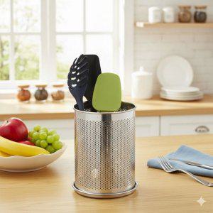 정공 타공스텐 원형수저통-특대쟁반포함 주방잡화