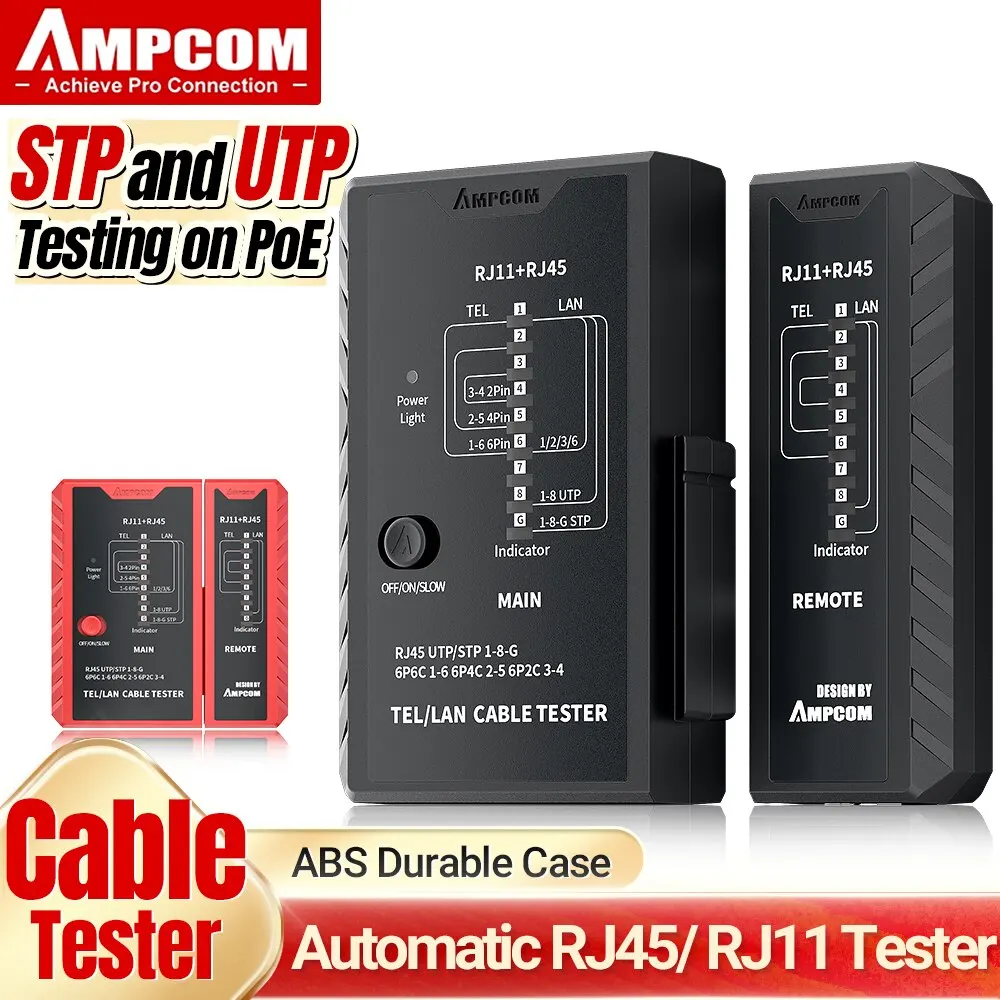 AMPCOM 네트워크 케이블 테스터, CAT5E CAT6 CAT6A CAT7 RJ45 네트워킹 Lan 케이블 8P8C POE RJ11 전화선 연속성 테스터