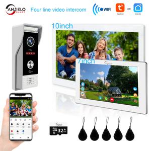 새로운 TUYA 7/10 인치 WiFi 1080P 4 선 시스템 비디오 인터콤 스마트 홈 APP 무선 비디오 DoorPhone RFID 액세스 제어 시스템