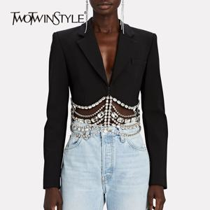 TWOTWINSTYLE 여성용 단색 캐주얼 패치워크 다이아몬드 체인 슬림 블레이저, 노치드 칼라, 긴팔, 템퍼러먼트 블레이저