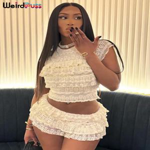 이상한 Puss 섹시한 Tierred 여성 2 조각 세트 여름 우아한 얇은 프릴 Tnak 탑 + 반바지 스커트 자정 콘서트 파티 매칭 슈트