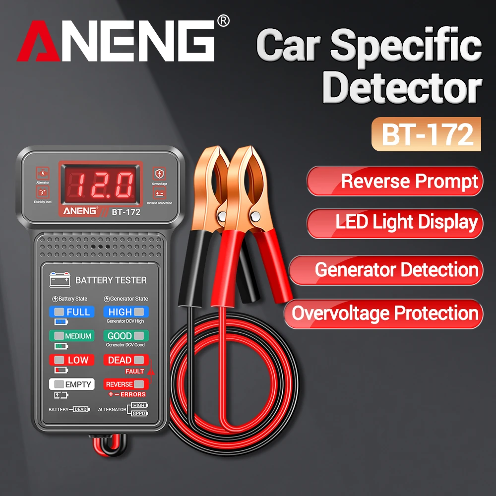 자동차 배터리 테스터 ANENG BT-172 12V 상태 표시기 충전 시스템 분석기 전압계 디지털 디스플레이 악어 클립 도구