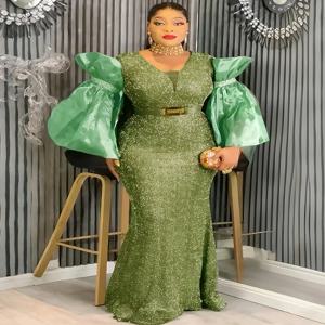 2025년 아프리카 여성 의류 플러스 사이즈 맥시 드레스 퍼프 소매 고급 스팽글 바디콘 로브 웨딩 파티 생일 이브닝 가운