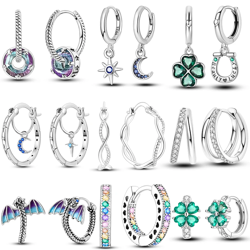 925 스털링 실버 스타 문 후프 귀걸이 여성을위한 스파클링 큐빅 지르콘 클로버 귀걸이 예쁜 웨딩 파티 쥬얼리 선물