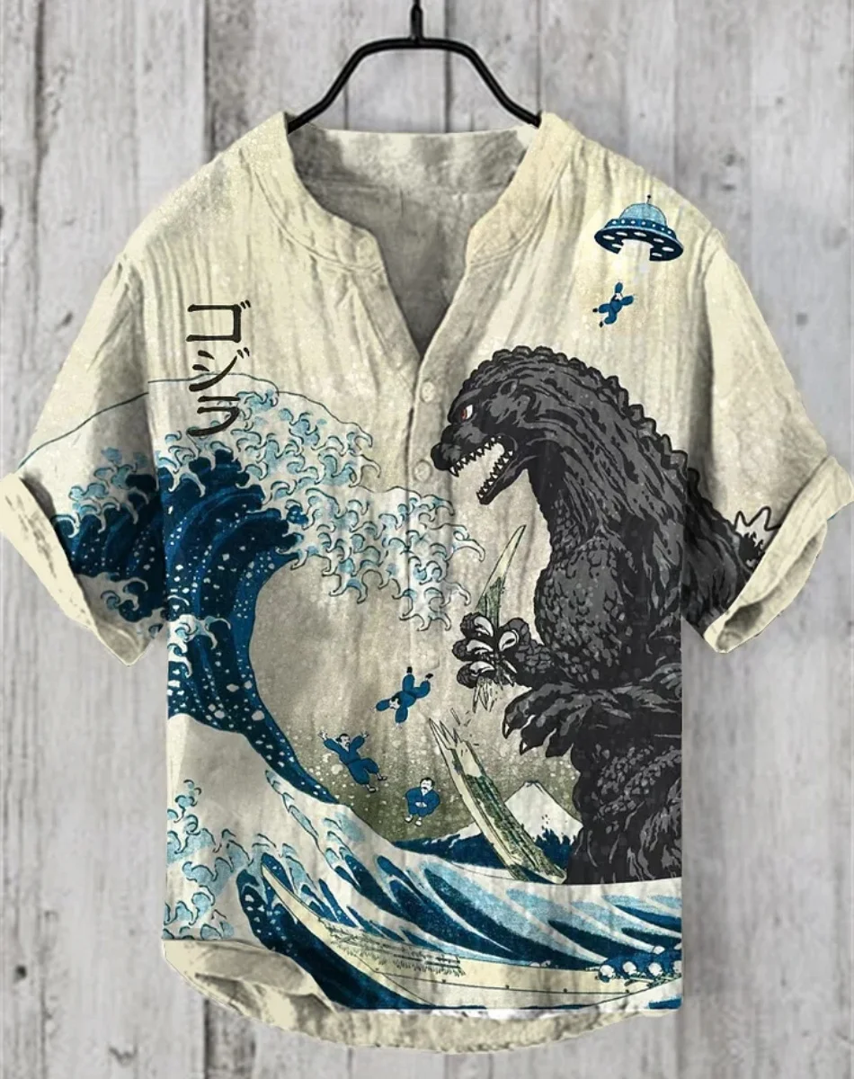 일본 패션 남성용 스몰 V 넥 헨리 셔츠 남성용 레트로 일본 고질라 V 넥 캐주얼 리넨 셔츠