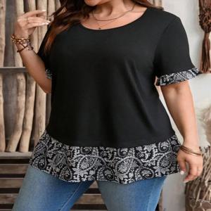 플러스 사이즈 여성 셔츠 2025 신상 여름 클래식 캐주얼 루즈 블라우스 반팔 O넥 여성 패션 우아한 프린팅 탑